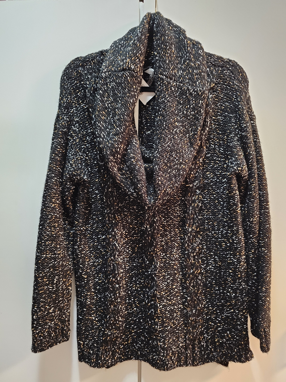 Kensie Black & Cream Marled Cowl Collar Cable Pullover